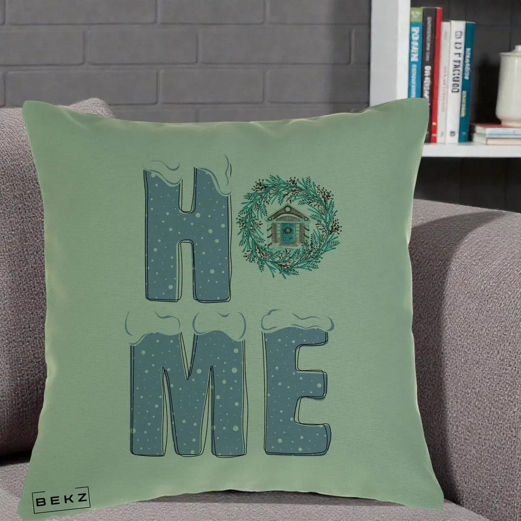 Perna Decorativa HOME Iarna cu Coroana, 40x40 cm, Verde, Husa Detasabila, Perna Inclusa, BEKZ®