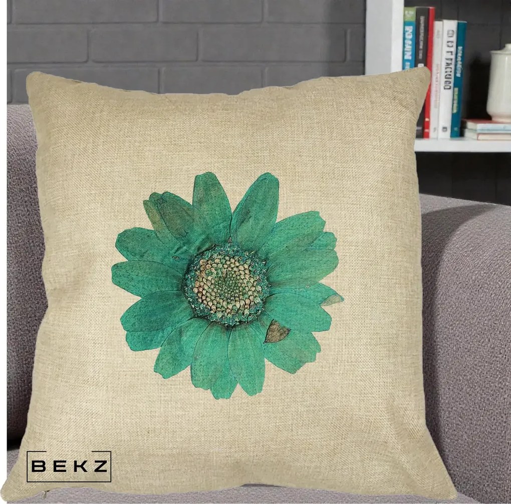 Perna Decorativa Floare Gerbera Teal Acuarela, 40x40 cm, Crem, Husa Detasabila, Perna Inclusa, BEKZ®