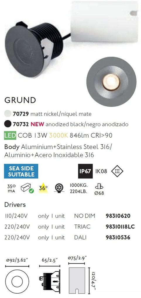 Spot LED incastrabil de exterior pavaj GRUND 13W inox negru