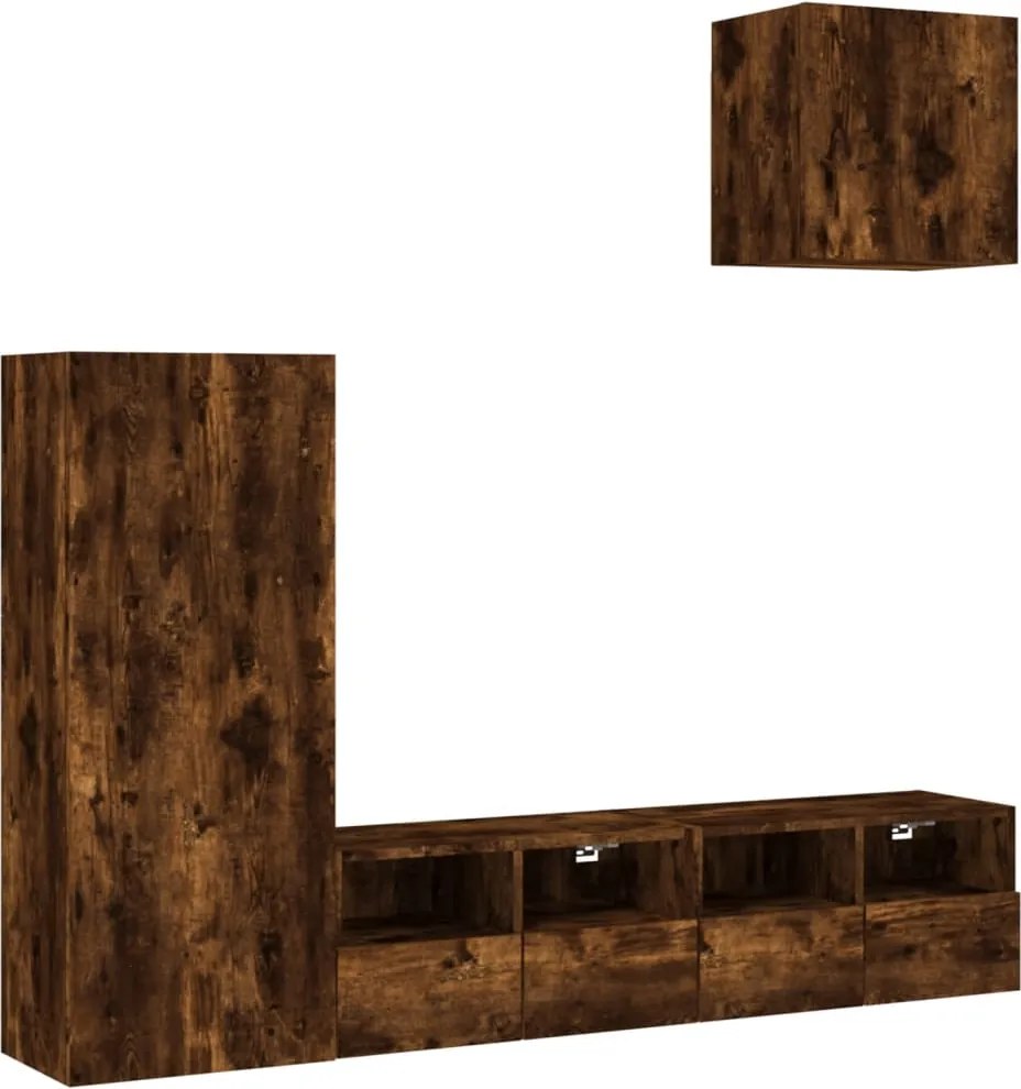 vidaXL Unități TV de perete cu LED-uri, 4 piese, stejar fumuriu, lemn