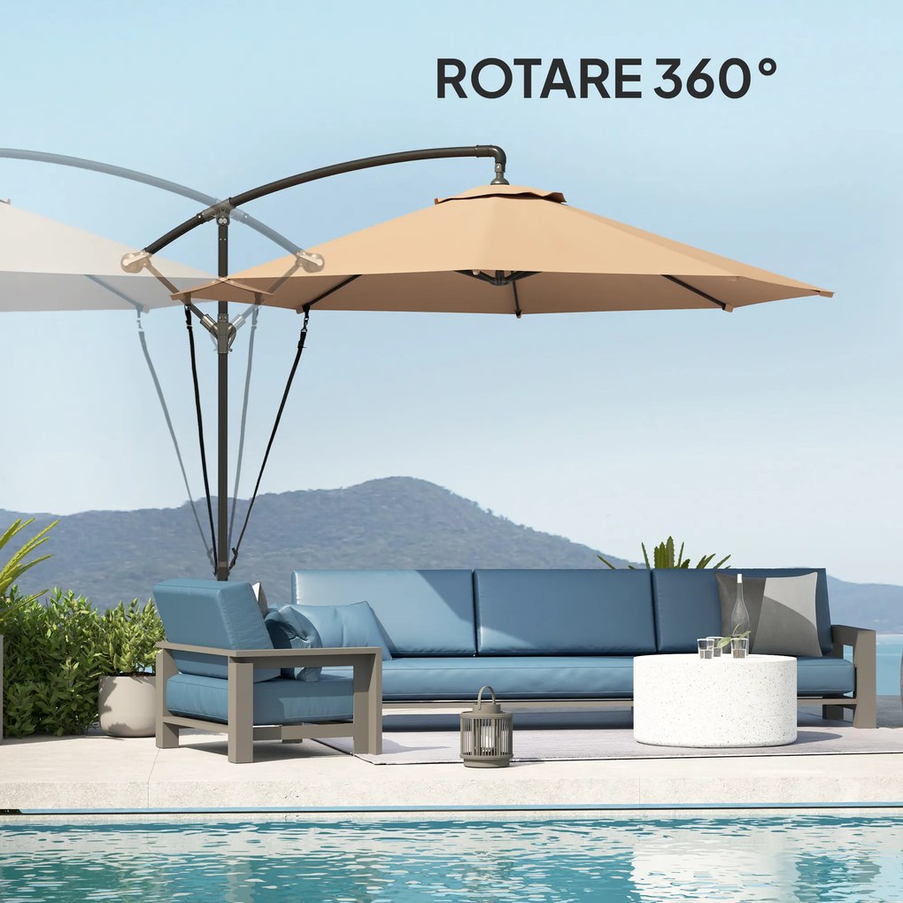 Outsunny Umbrelă de Soare cu Corzi Anti-Vânt, Orificii de Aerisire, Bază în Cruce și Manivelă, Φ290x243 cm, Gri | Aosom Romania