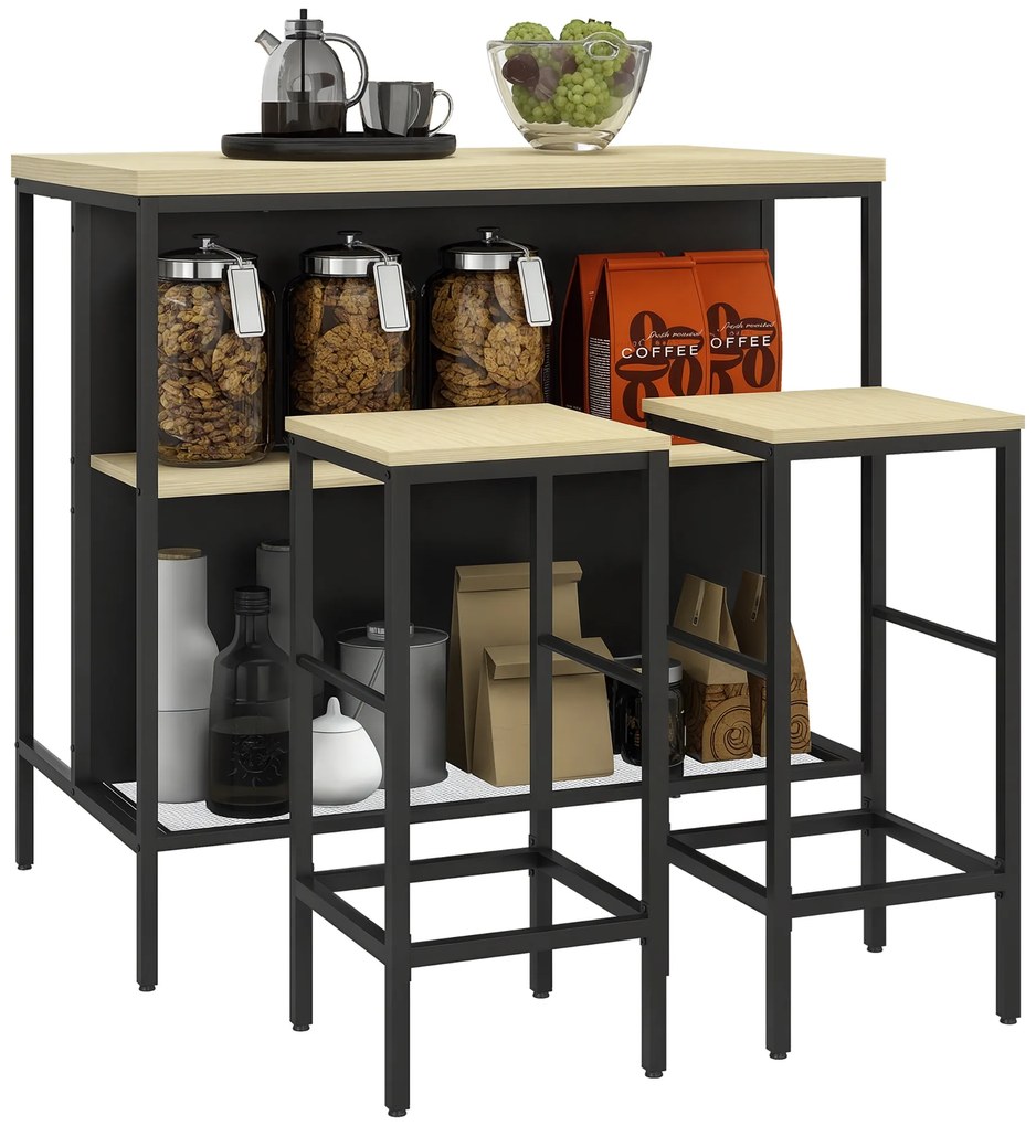 HOMCOM Set masă de bar și 2 taburete de stil industrial cu raft de depozitare, suporturi pentru picioare, metal negru și aspect lemn | Aosom Romania