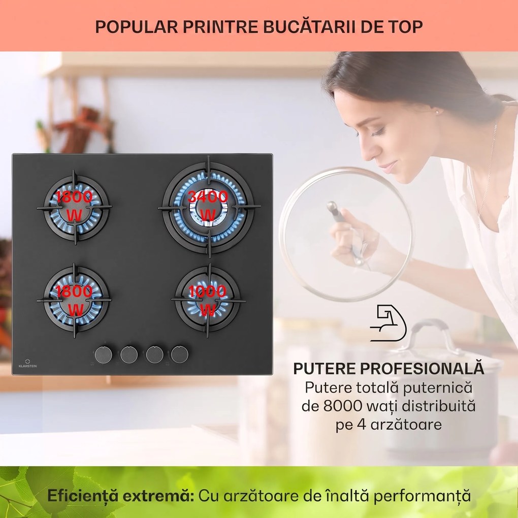 Klarstein Firetale plită pe gaz 4 arzătoare 60 cm arzător din aluminiu, inclus furtun și regulator de presiune