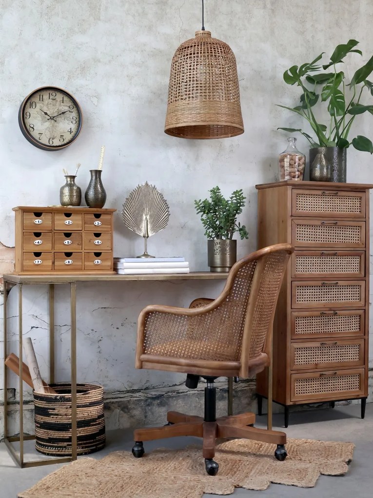 Scaun de birou, din lemn de mesteacan si rattan, cu spatar inalt, natur, cu aspect vintage