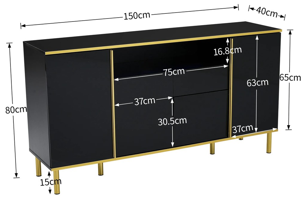 Comodă Modernă Elegantă Lucioasă cu 2 Sertare și 4 Uși, Structură cu LED și Detalii Aurii, 150x40x80 cm pentru Living și Bucătărie, Negru