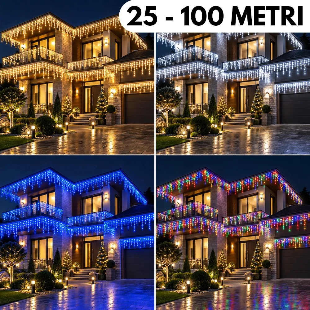 Instalație de Crăciun, franjuri cu 8 jocuri de lumini, fir gros, exterior, 25 - 100 metri, 4 culori