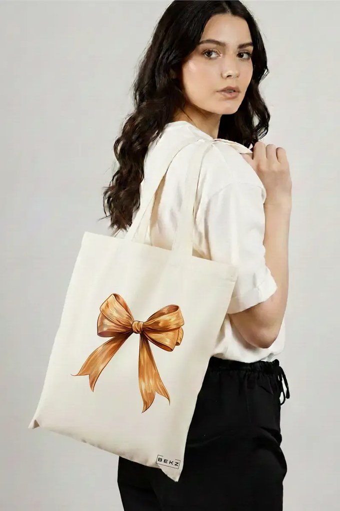 Sacosa de Panza pentru Cumparaturi, Geanta Tote, model Rosegold bow 38 x 34.5 cm, Alba, BEKZ®