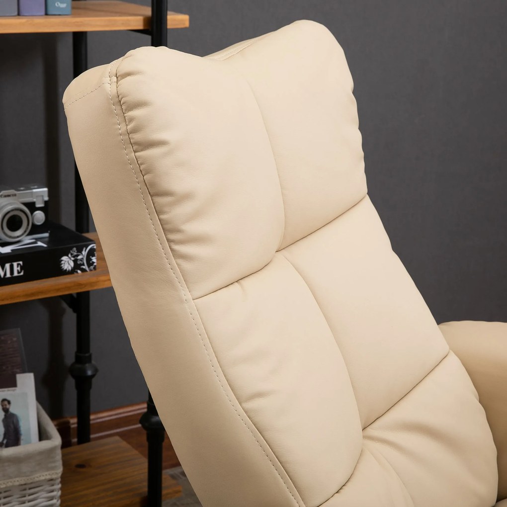 HOMCOM Massagesessel cu Hocker, Scaun de relaxare electric rotativ la 360° cu funcție de întindere și spațiu de depozitare, scaun TV cu buzunar lateral și telecomandă pentru sufragerie, piele ecologică, Crem | Aosom Romania