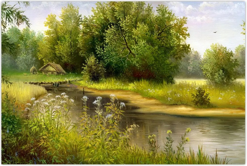 Tablou - Râu lângă pădure, pictură în ulei (90x60 cm)