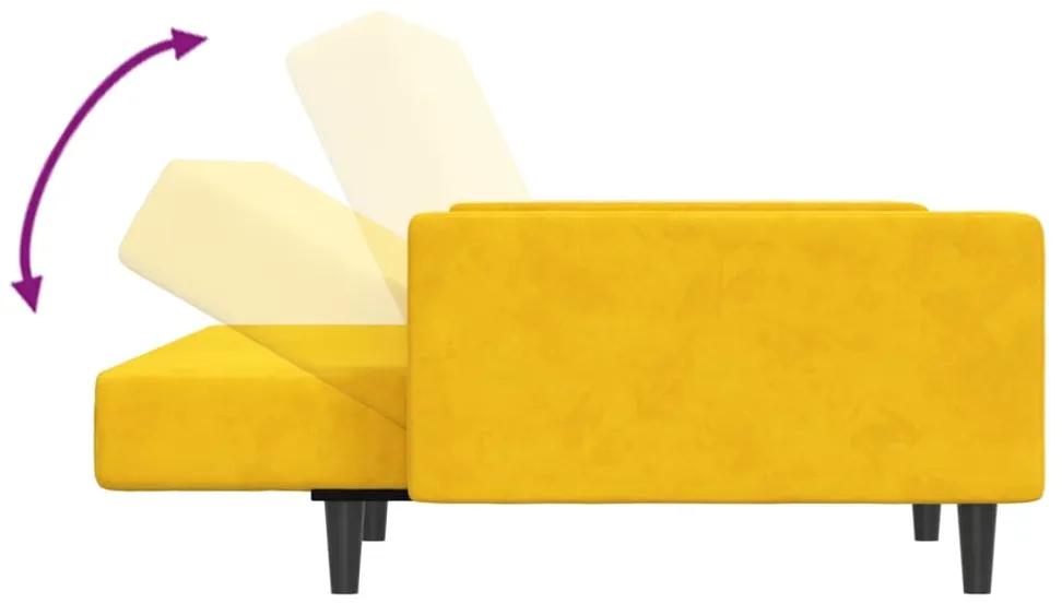 Canapea extensibila cu 2 locuri si taburet, galben, catifea Galben, Cu suport de picioare
