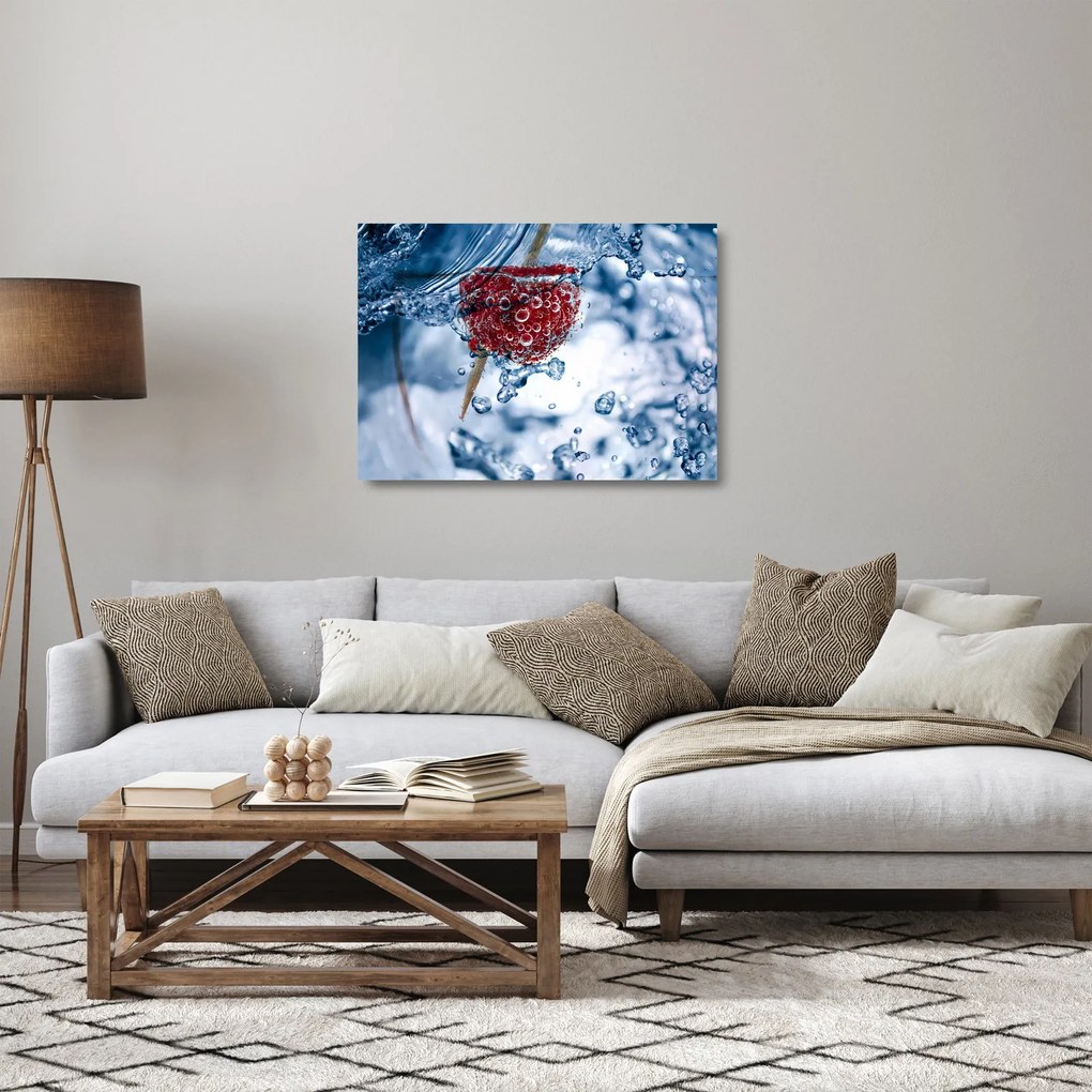 Tablou pe sticlă - detailu zmeură în apă (70x50 cm)