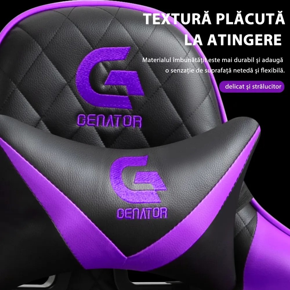 Scaun gaming cu masaj în perna lombară, sezut benzi elastice sustinere, cotiere 3D, suport picioare, funcție sezlong, Negru/Violet