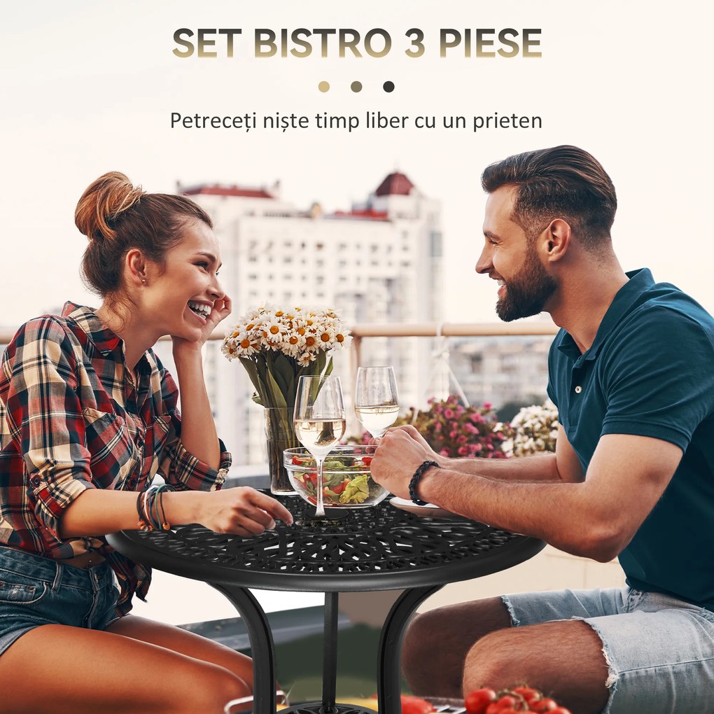 Outsunny Set de Grădină Exterior, Masă Rotundă și Scaune din Aluminiu, Masă de Bistrou cu Orificiu pentru Umbrelă, Mobilier pentru Terasă, Grădini, Verande, Balcoane, Lângă Piscină – Negru | Aosom Romania