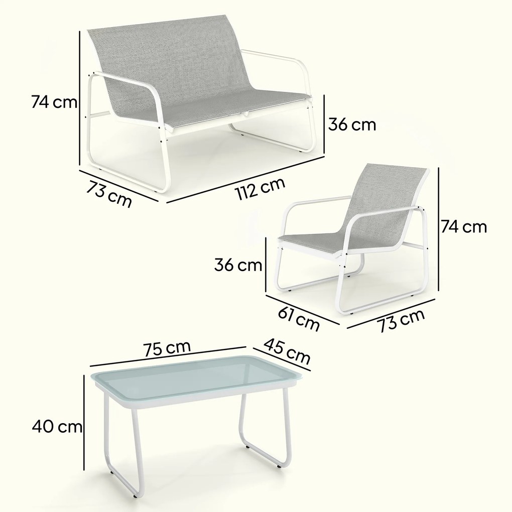Outsunny Set de grădină exterior de 4 piese cu canapea de 2 locuri, 2 fotolii, masă cu sticlă securizată, textilene gri deschis | Aosom Romania