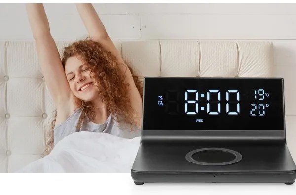 Nedis WCACQ20BK - Ceas cu alarmă, ecran LCD și încărcător wireless 15W/5V negru