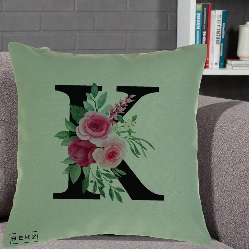 Cadou Personalizat - Perna Personalizata Monograma Florala Litera K, 40x40 cm, Verde, Husa Detasabila, Perna Inclusa, BEKZ®