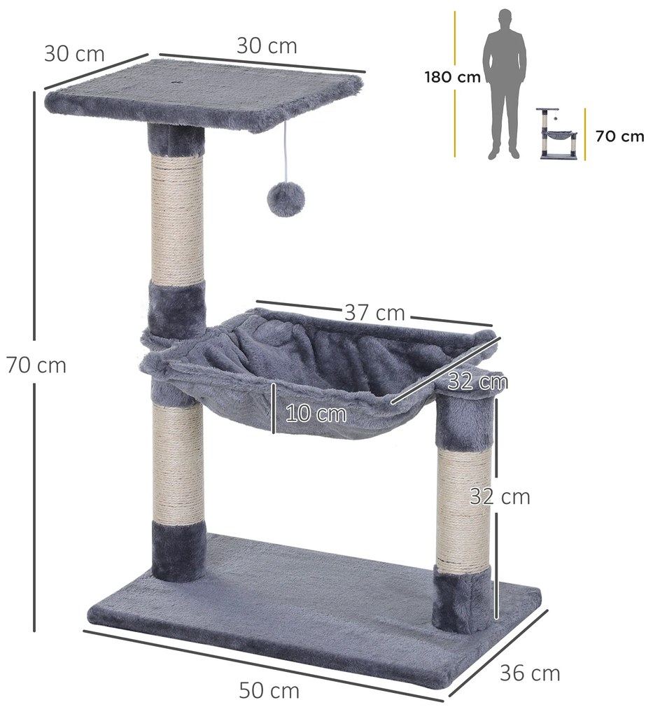 PawHut Copac de Zgâriere pentru Pisici, Jucărie pentru Pisici cu Hamac și Minge Atârnată din Lemn și Pluș, 50x36x70 cm, Gri | Aosom Romania