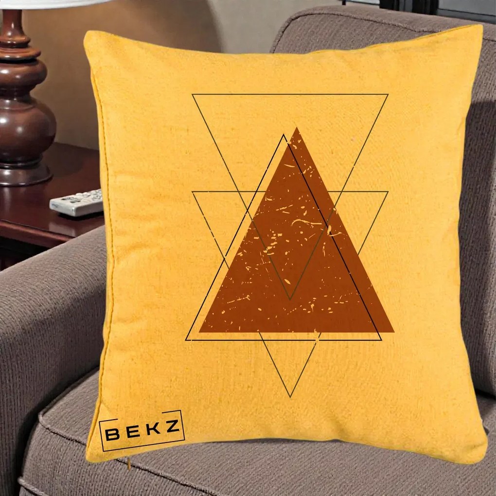 Perna Decorativa Geometric Triunghiuri Sacred, 40x40 cm, Galben, Husa Detasabila, Perna Inclusa, BEKZ®