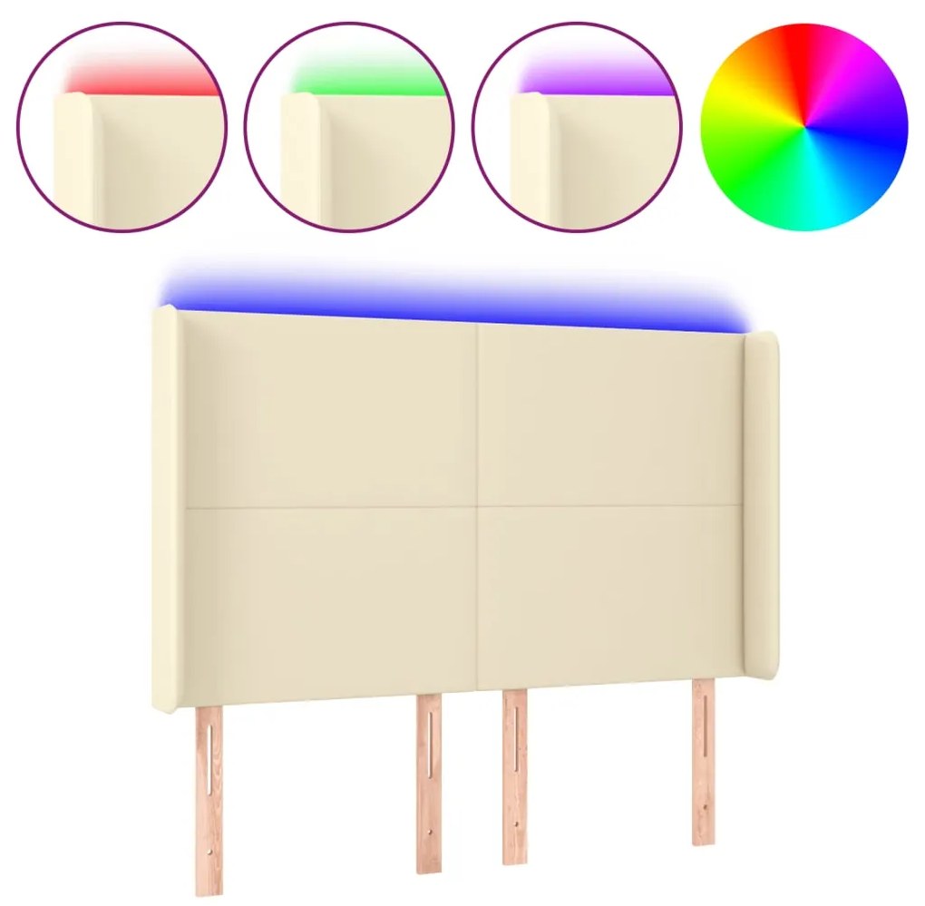 vidaXL Tăblie de pat cu LED, crem, 147x16x118/128 cm, piele ecologică