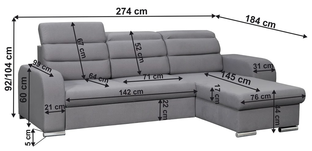 Canapea universală, material textil, gri, LESAT ROH UNI