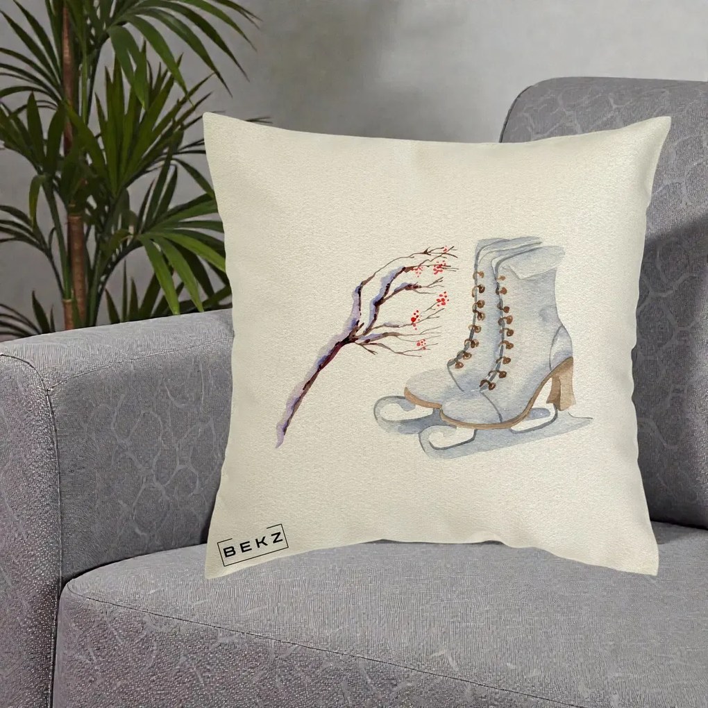 Perna Decorativa Patine cu Ramuri Inzapezite, 40x40 cm, Ecru, Husa Detasabila, Perna Inclusa, BEKZ®