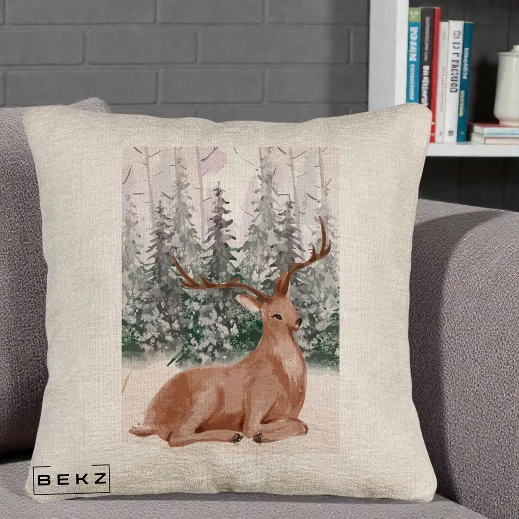 Perna Decorativa Ren in Padure Roz Moale, 40x40 cm, Bej Canapea, Husa Detasabila, Perna Inclusa, BEKZ®