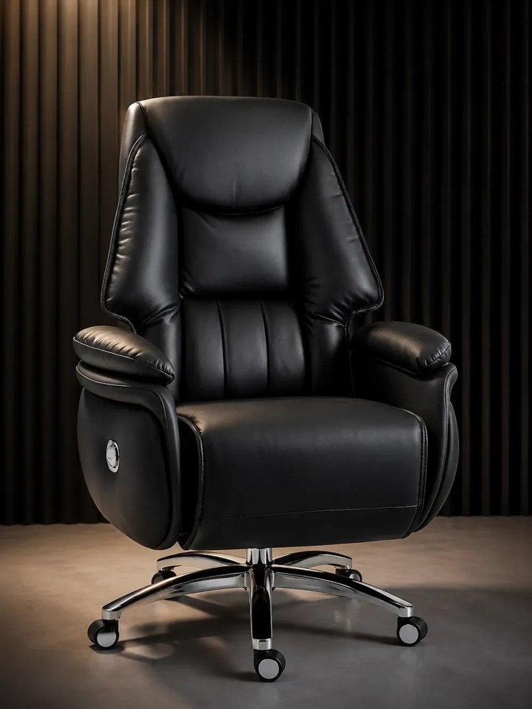 PRESIDENT BLACK 999 – Scaun Executiv Premium din Piele Naturală, Reclinabil electric, 2 Motoare, Suport pentru Picioare, Negru