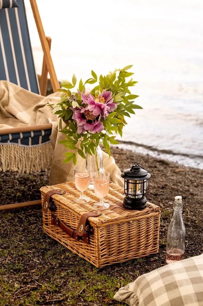 Coș de picnic mare din răchită împletită cu căptușeală în dungi verzi, pentru 4 persoane, „Vendela Large Green"