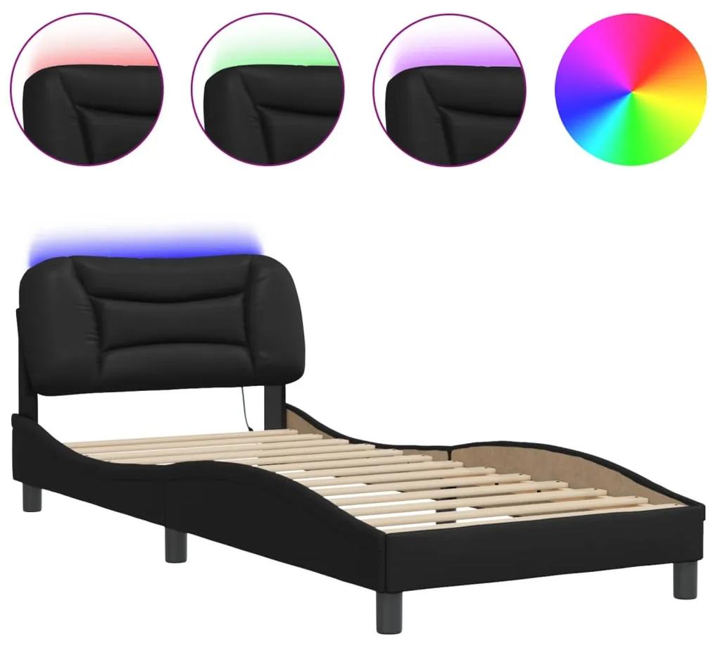 3213906 vidaXL Cadru de pat cu lumini LED, negru, 90x200 cm, piele ecologică