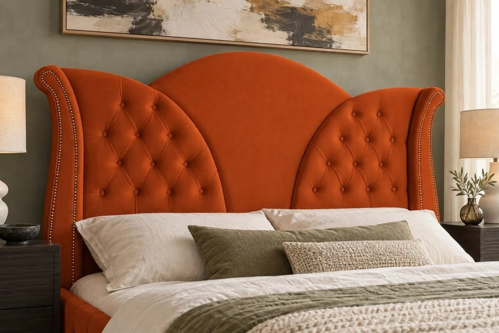 Pat tapițat Chesterfield din catifea Velora Deluxe Classic 160×200 cm, cărămiziu, cu ladă de depozitare