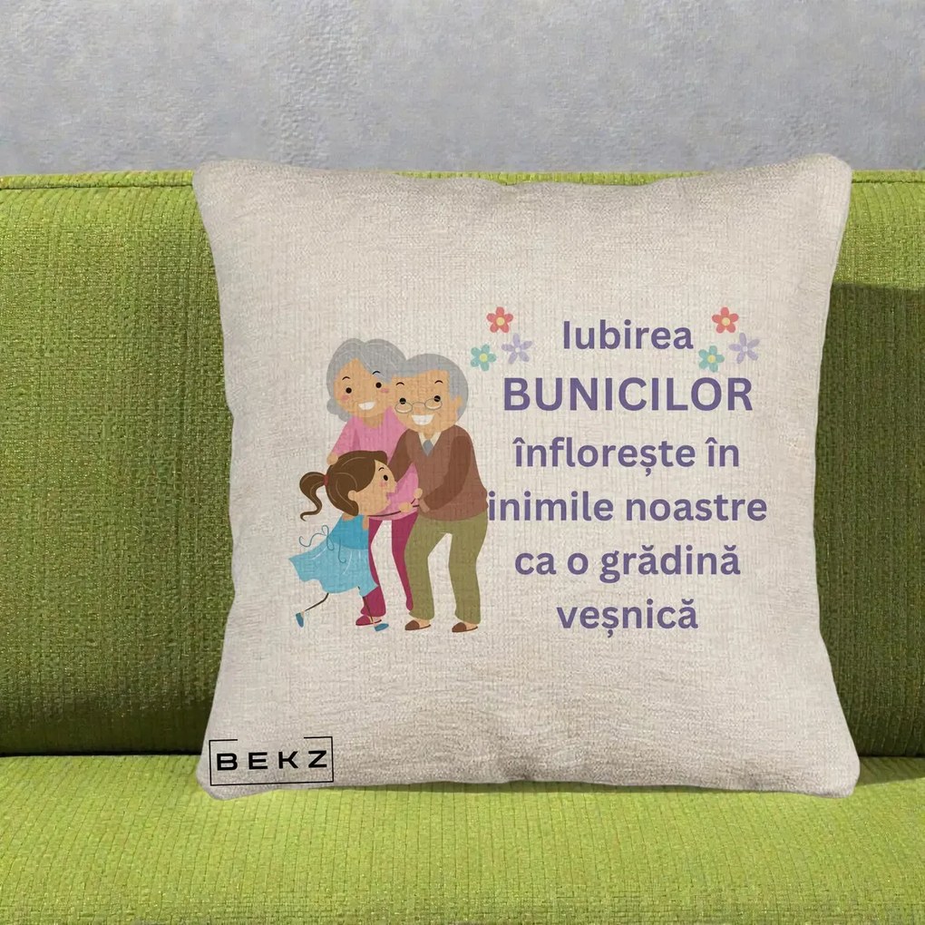 Perna personalizata bunici: Iubirea bunicilor, cu nepoata, text mov, 40x40 cm cu Umplutura, Bej Canapea, BEKZ