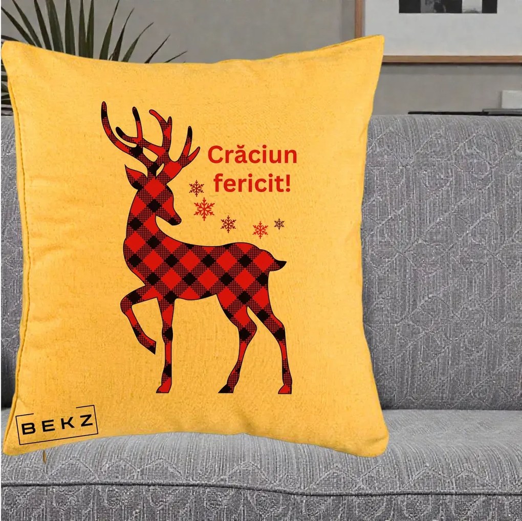 Perna Decorativa Ren Tartan Craciun Fericit, 40x40 cm, Galben, Husa Detasabila, Perna Inclusa, BEKZ®