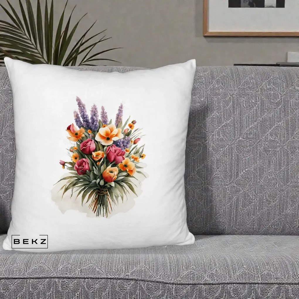 Perna Decorativa Buchet Mixt Acuarela Lavanda-Trandafiri, 40x40 cm, Alb Pufos, Husa Detasabila, Perna Inclusa, BEKZ®