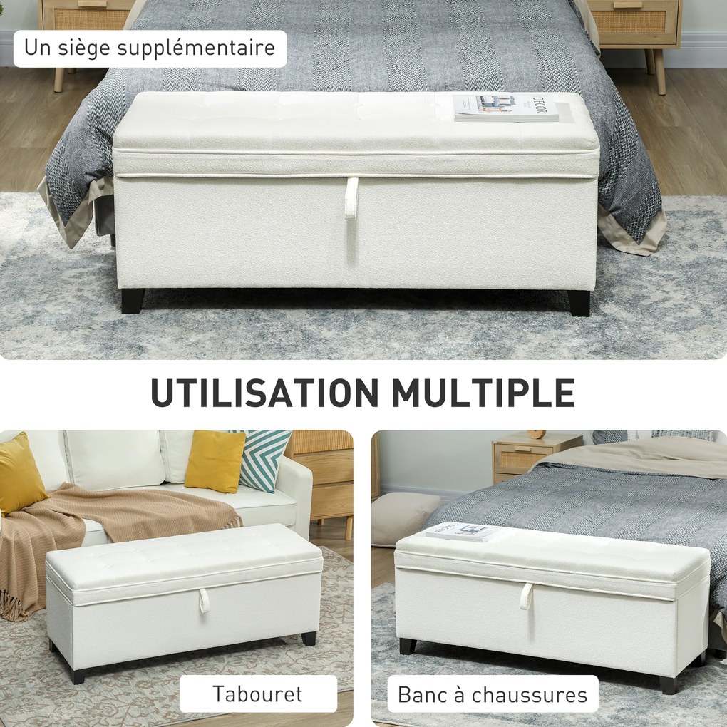 HOMCOM Bancă de depozitare 112L, banchetă pentru capătul patului din țesătură tip in, șezut capitonat, 120 x 40 x 48 cm, crem | Aosom Romania