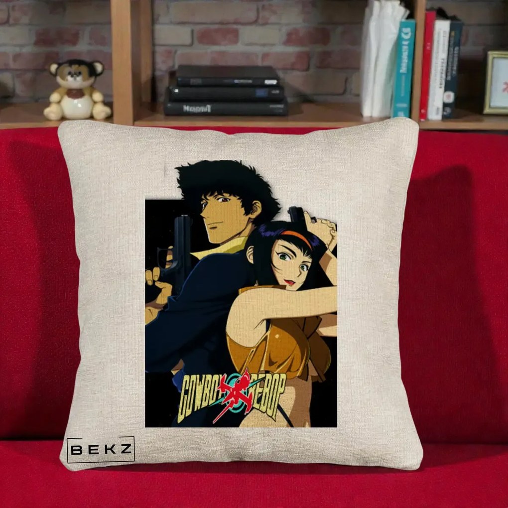Perna Personalizata Cowboy Bebop Spike si Faye Poster, 40x40 cm, Bej Canapea, Husa Detasabila, Perna Inclusa, BEKZ®