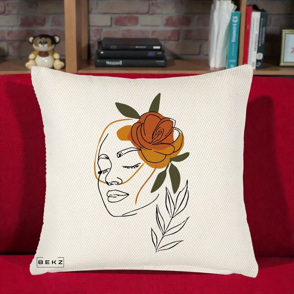Perna Decorativa Portret Feminin Trandafir Ruginiu, 40x40 cm, Crem Reliefat, Husa Detasabila, Perna Inclusa, BEKZ®
