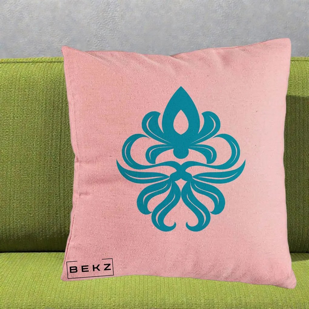 Perna Decorativa Ornament Turcoaz Fleur de Lis, 40x40 cm, Roz, Husa Detasabila, Perna Inclusa, BEKZ®