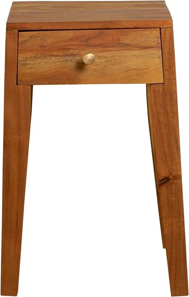 Noptieră din lemn de acacia, maro, cu 1 sertar, buton auriu și picioare conice înclinate, 51 x 34,5 x 34,5 cm, „Monti”