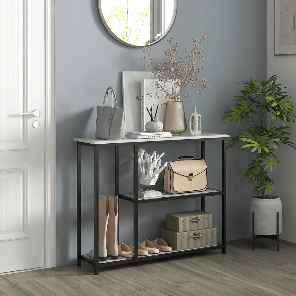 HOMCOM Consola in design industrial, 2 rafturi, aspect de marmura, Negru + Alb | Aosom Romania