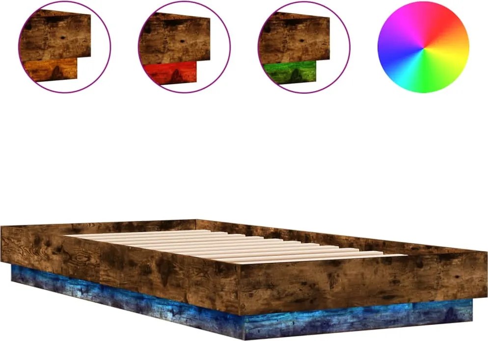 vidaXL Cadru de pat cu lumini LED, stejar fumuriu, 100x200 cm