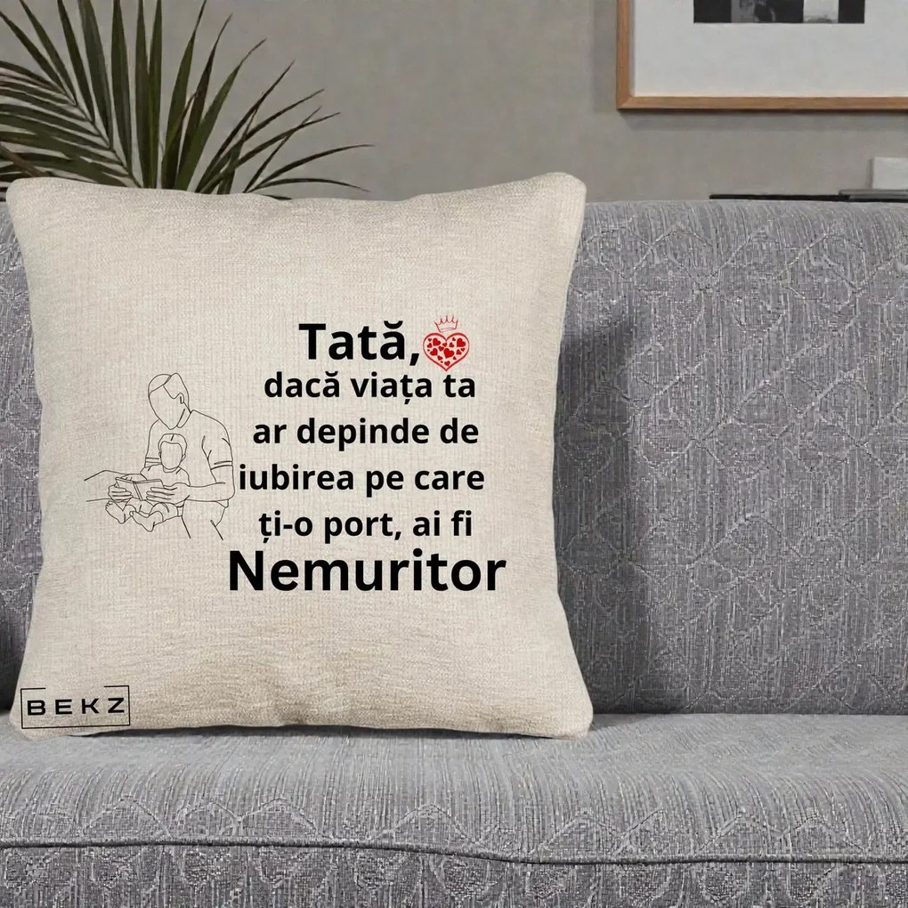 Cadou pentru Tata - Perna Personalizata Tata Nemuritor Lectura, 40x40 cm, Bej Canapea, Husa Detasabila, Perna Inclusa, BEKZ®