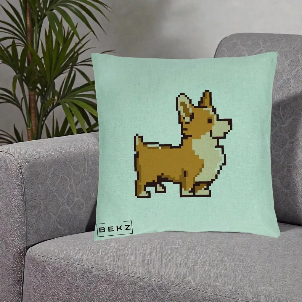 Perna Personalizata Corgi Pixel Art, 40x40 cm, Verde Menta, Husa Detasabila, Perna Inclusa, BEKZ®