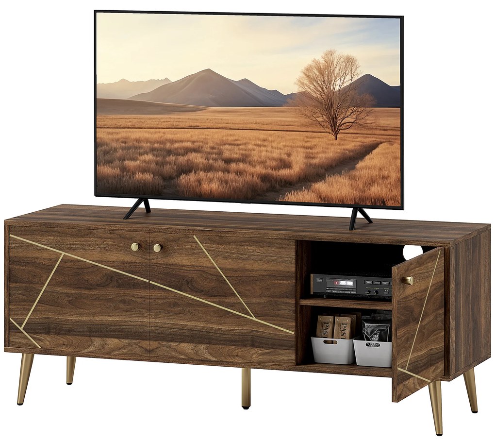 HOMCOM Măsuță TV mobilier TV din lemn pentru televizor de până la 60 de inch cu dulapuri rafturi picioare din oțel 130 x 40 x 52 cm maro | Aosom Romania