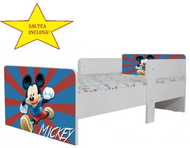 Pat star imprimat cu Mickey Mouse, cu protectie si saltea, 140x70 cm