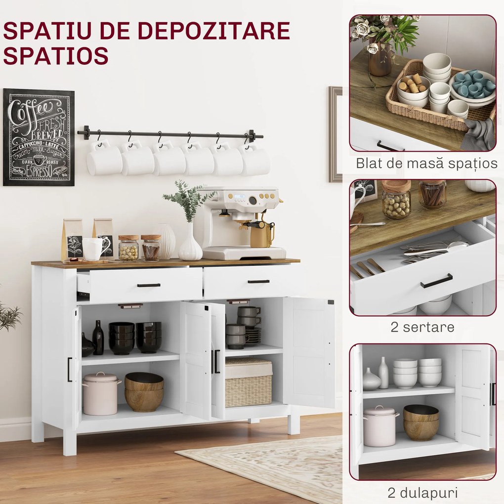HOMCOM Bufet de Bucătărie cu 2 Sertare și 2 Dulapuri, 120x39,3x82,5 cm, Alb | Aosom Romania