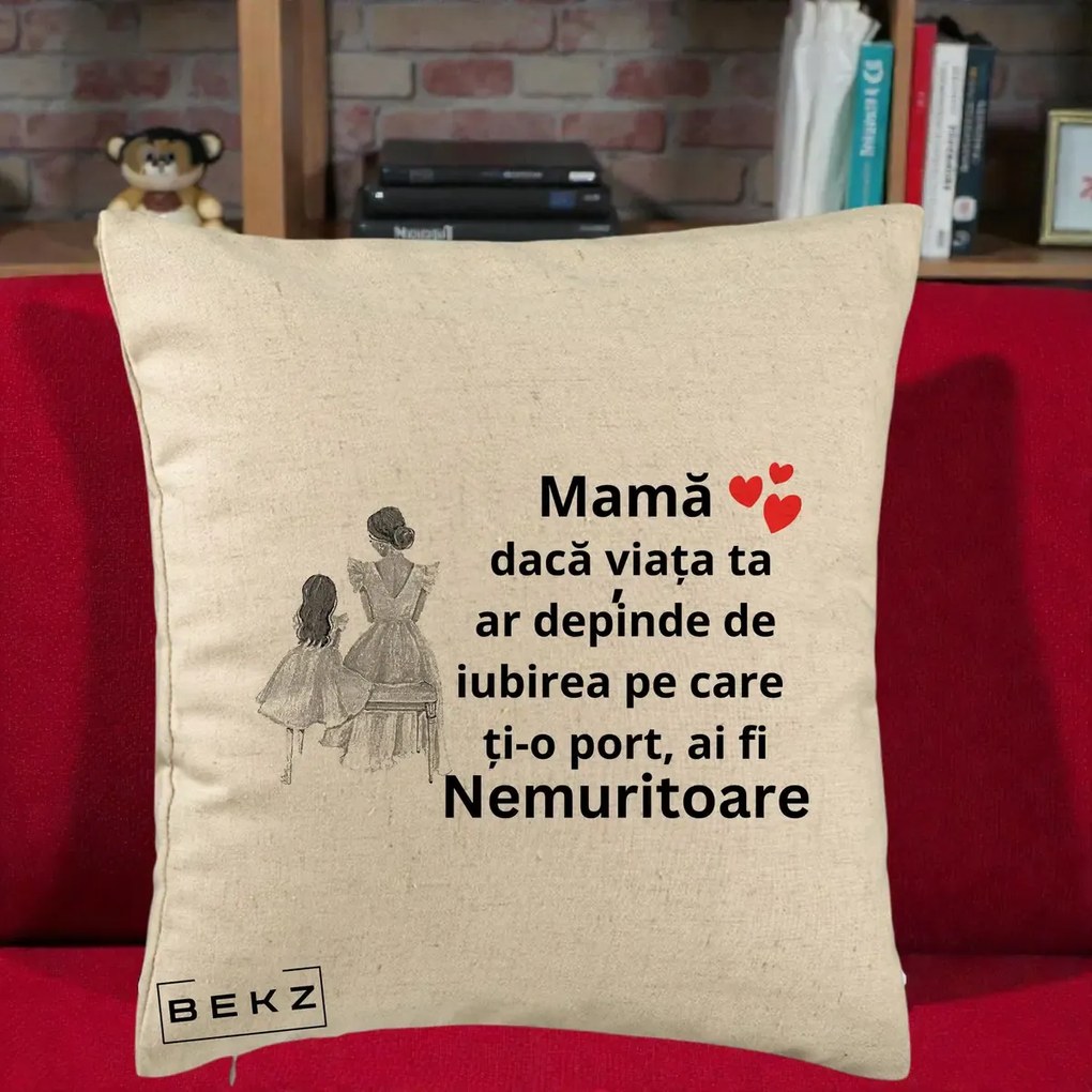 Cadou pentru Mama - Perna Personalizata Mama Nemuritoare Line Art, 40x40 cm, Bej, Husa Detasabila, Perna Inclusa, BEKZ®