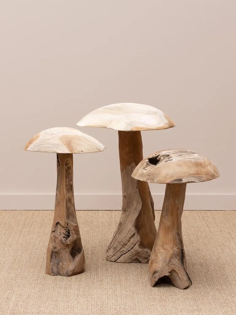 Set 3 ciuperci decorative din lemn de tec, "Sylve"