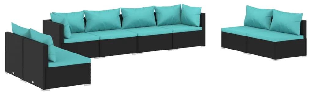 Set mobilier de gradina cu perne, 8 piese, negru, poliratan negru si albastru acvatic, 2x colt + 6x mijloc, 1