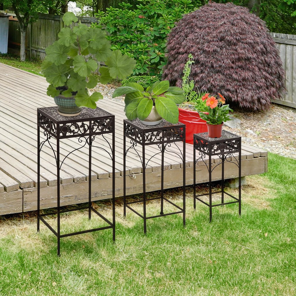 Outsunny Set de 3 Scaune Suport pentru Plante, Design Clasic din Fier, Ideal pentru Decorul Grădinii, Maro | Aosom Romania