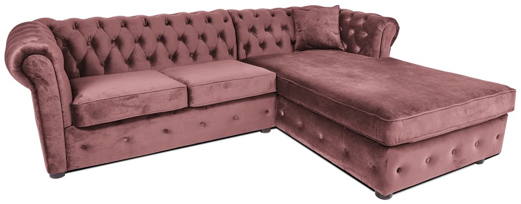 Canapea 2 locuri extensibila cu sezlong Chesterfield, roz, 245x85 175x68 cm